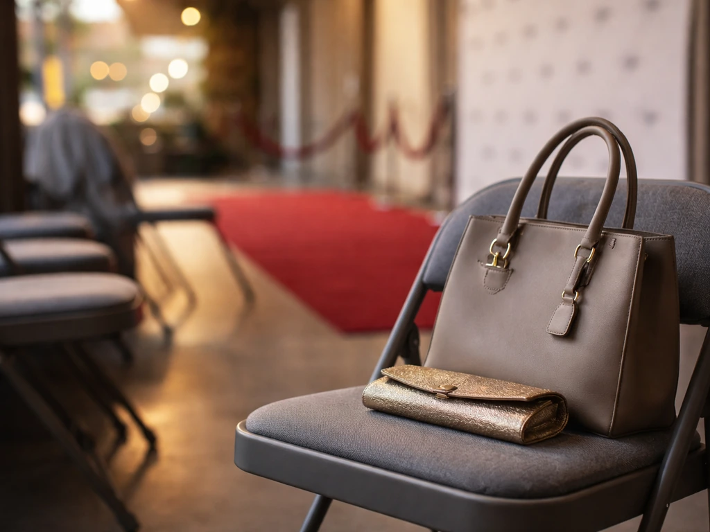Lone woman’s handbag and clutch on a community event chair, soft city backdrop hinting public profile
