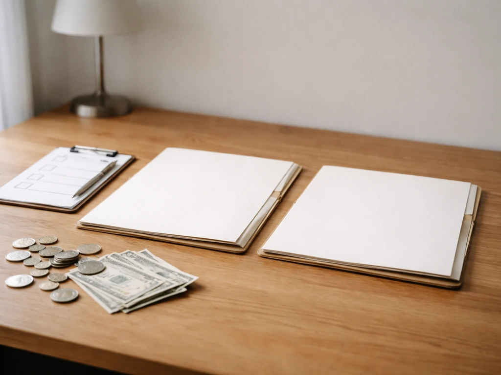 Minimal desk scene with two open blank reports and a checklist board beside scattered cash and coins