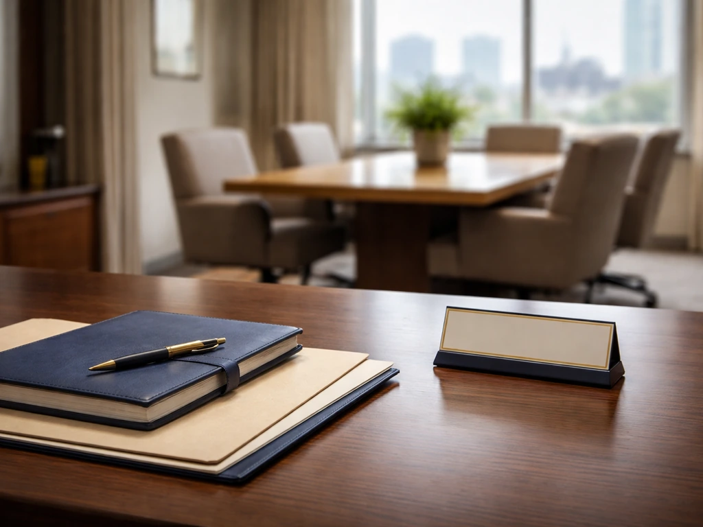 Minimal nonprofit office scene with a desk, conference room background, and a neutral executive feel