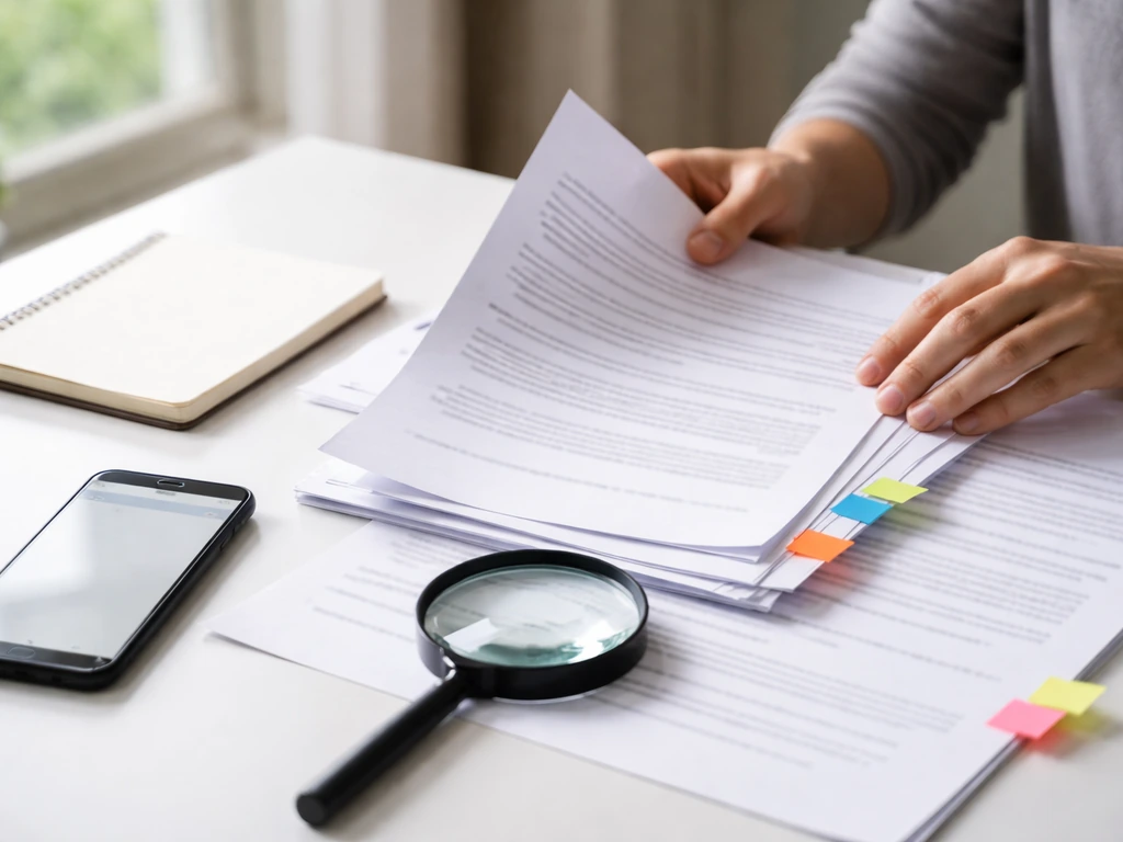 Minimal desk scene with a notebook and smartphone showing verification-style cross-checks, no text.