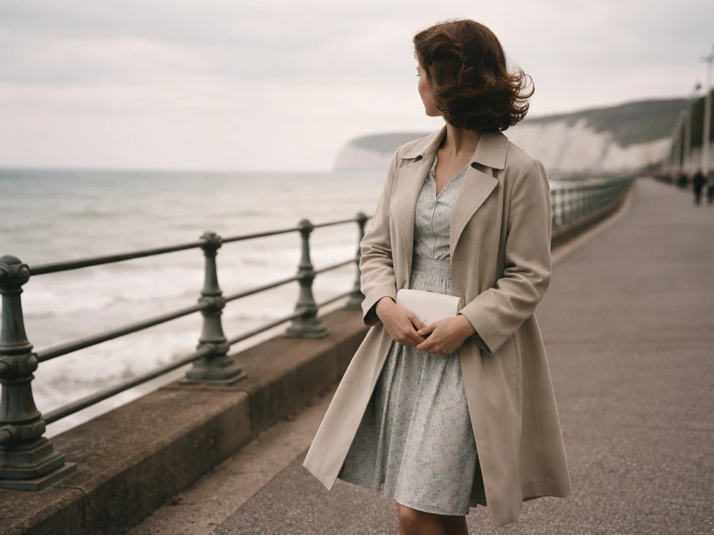 Anonymous vintage model on a quiet seaside promenade near railings and distant cliffs.