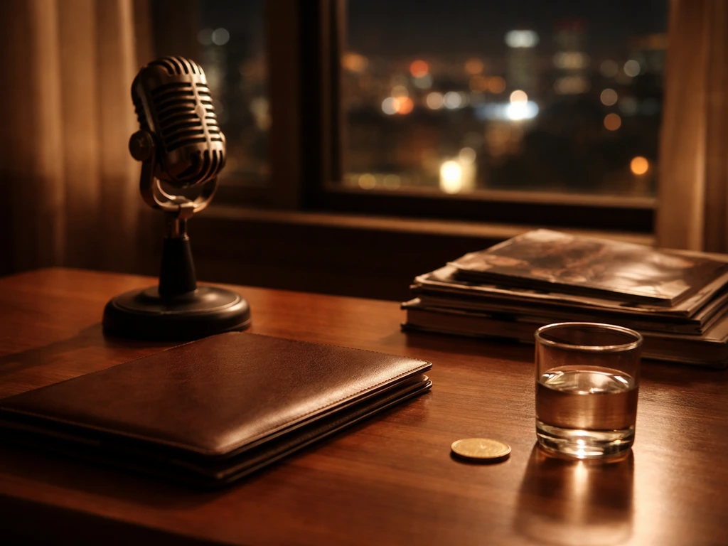 Upscale studio desk with vintage microphone, magazines, and gold coin, symbolic of media wealth estimate.