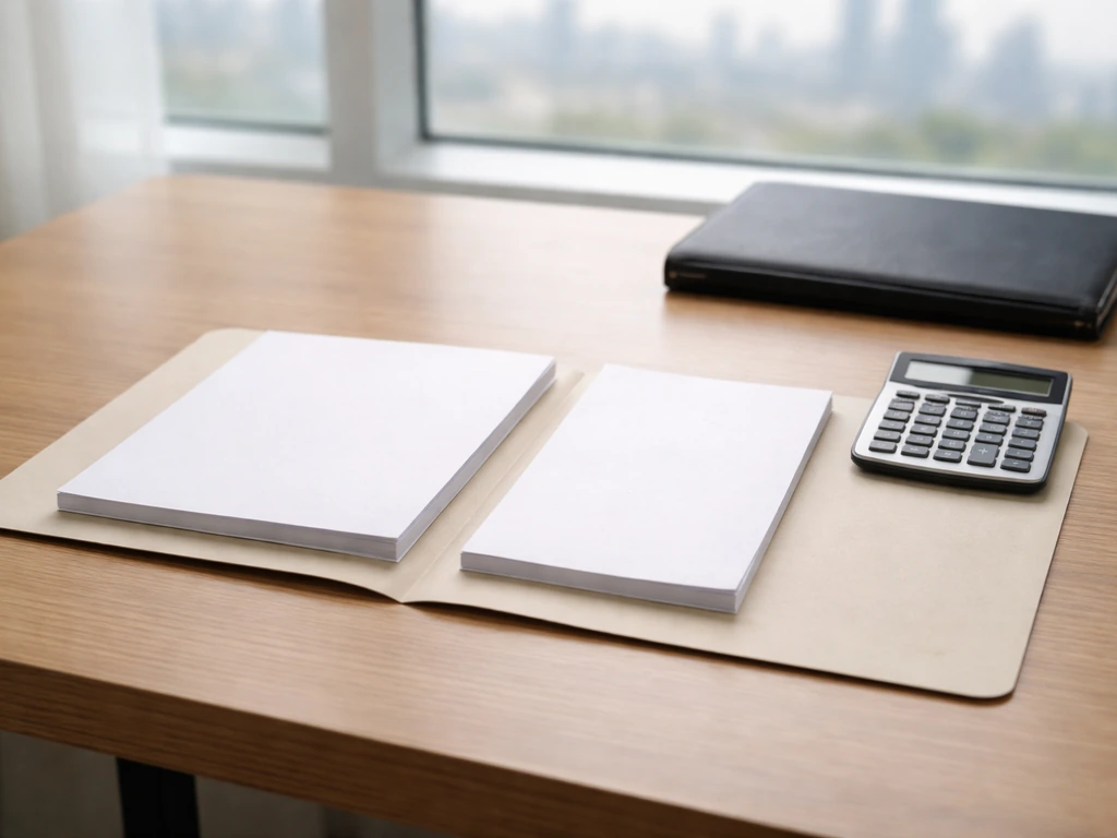 Minimal desk scene with two folders and a calculator beside a blurred city view, symbolizing estimates vs evidence.