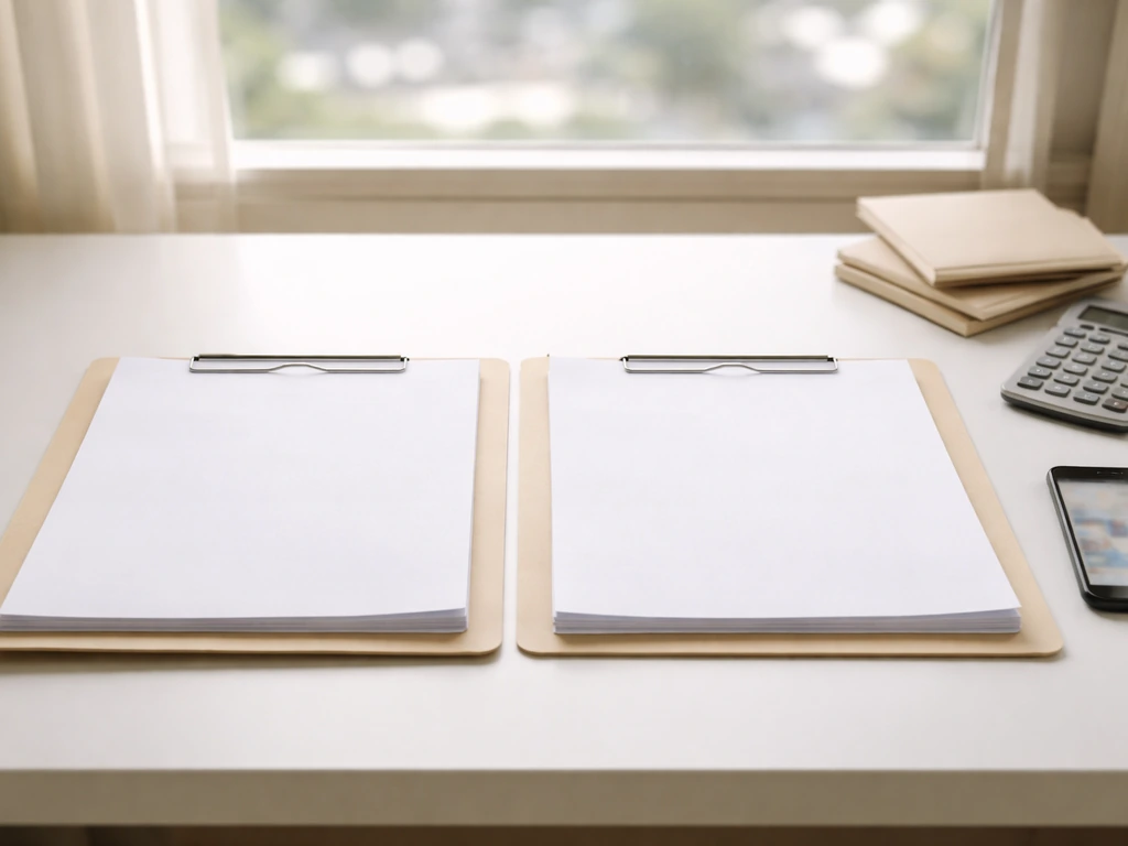 Minimal desk scene with two open folders and a smartphone showing blurred thumbnails, symbolizing comparing net worth es