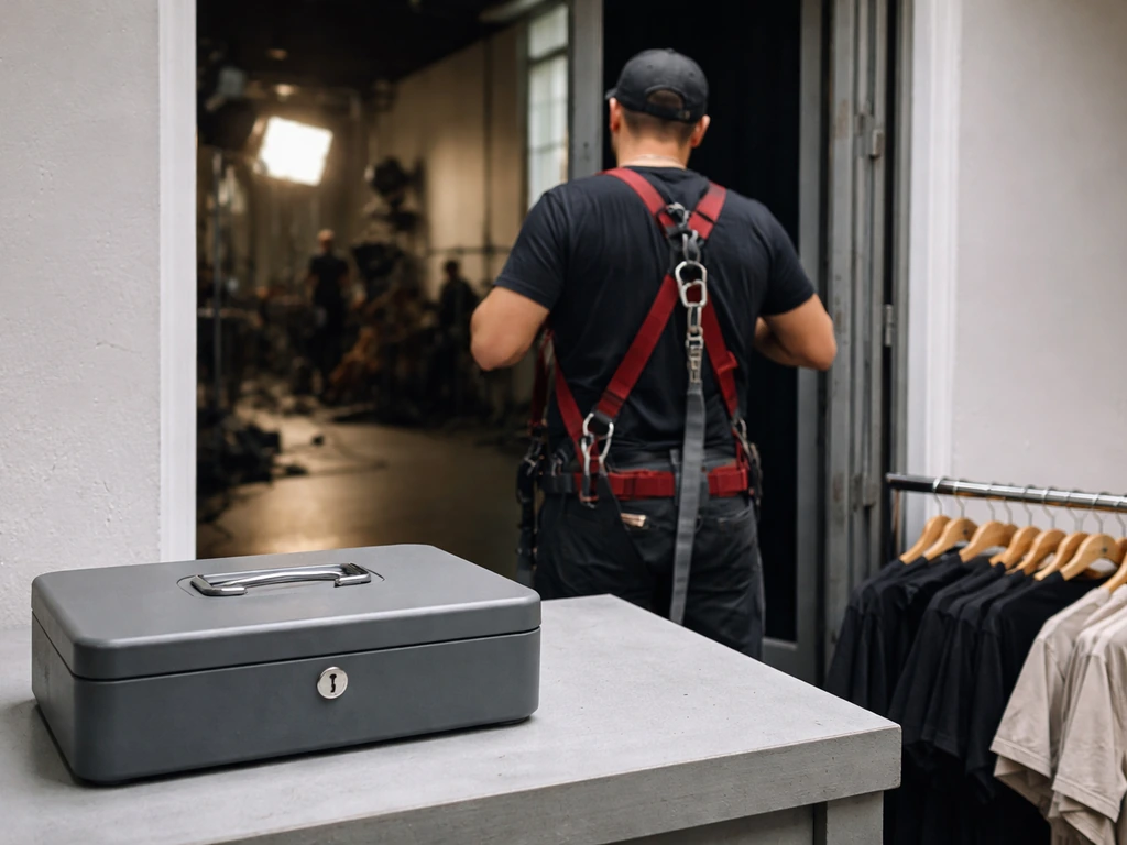A film set worker adjusting a stunt harness beside a boutique-style cash drawer in soft daylight.