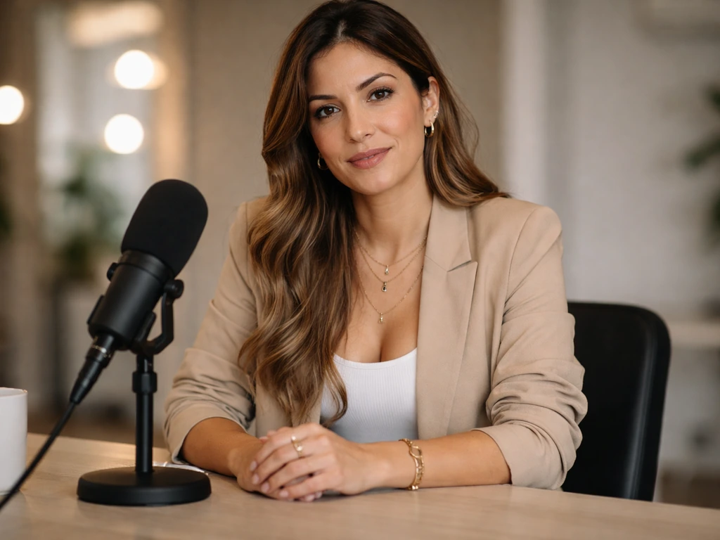 Woman in a podcast studio with a microphone, posed in a confident media setting.