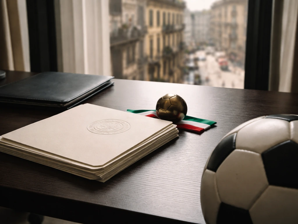 Minimal desk scene with Italian company paperwork motif and a soccer ball cue for sports image-rights management.