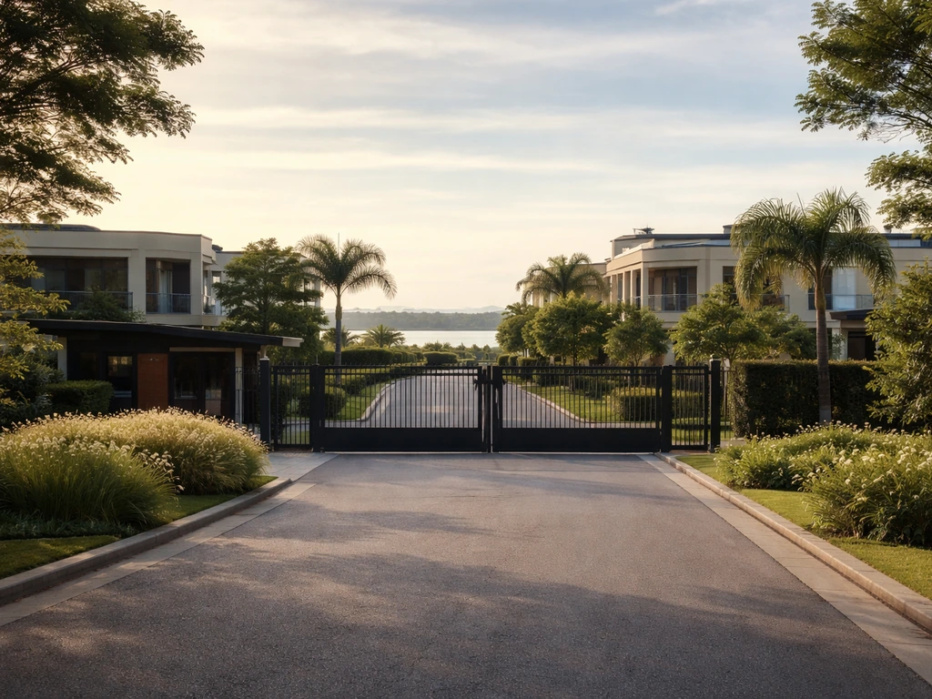 Luxury gated Nordelta residential area with modern homes and landscaped entrance, no people.