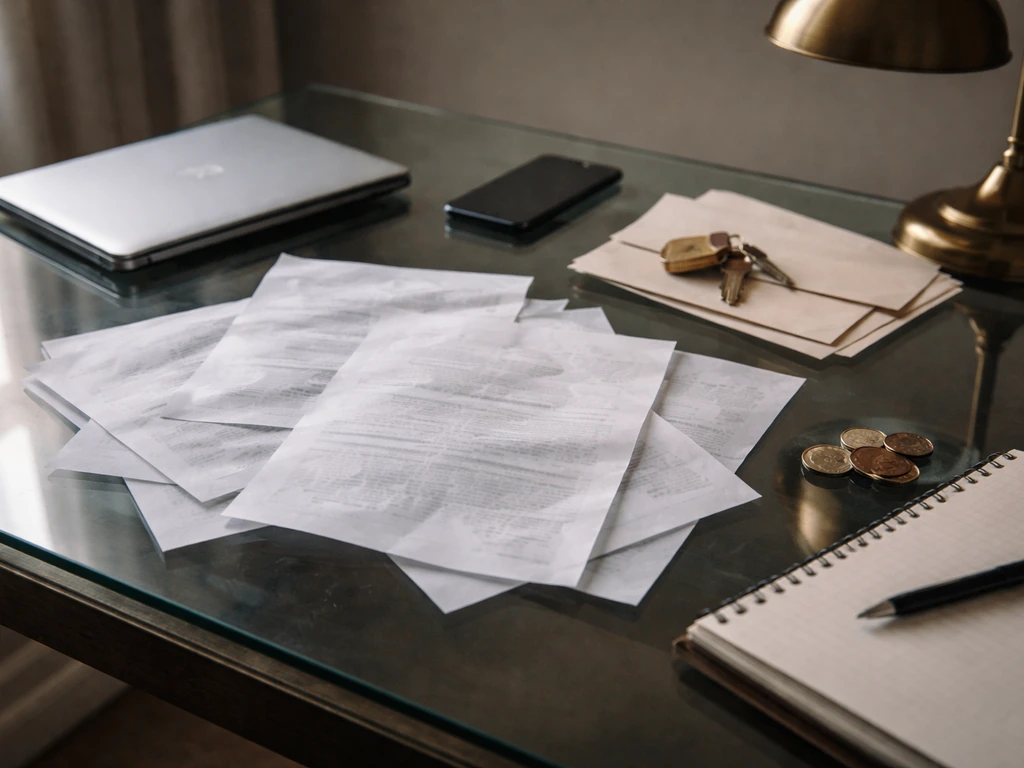 Minimal office desk with overlapping documents, coins, and keys symbolizing uncertain net-worth estimates.