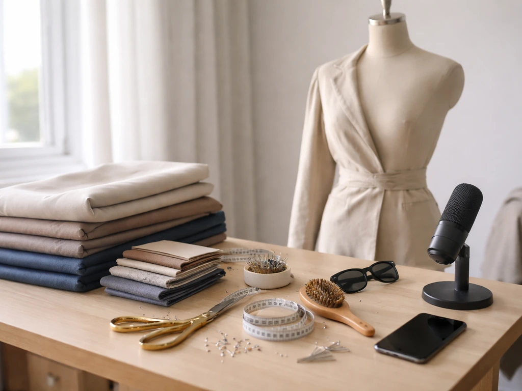 Minimal fashion workspace with fabric, sewing tools, and a styling mannequin beside a smartphone and notebook.