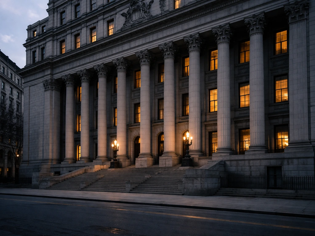 Manhattan-style courthouse exterior at dusk with warm windows, conveying probate and legal estate context