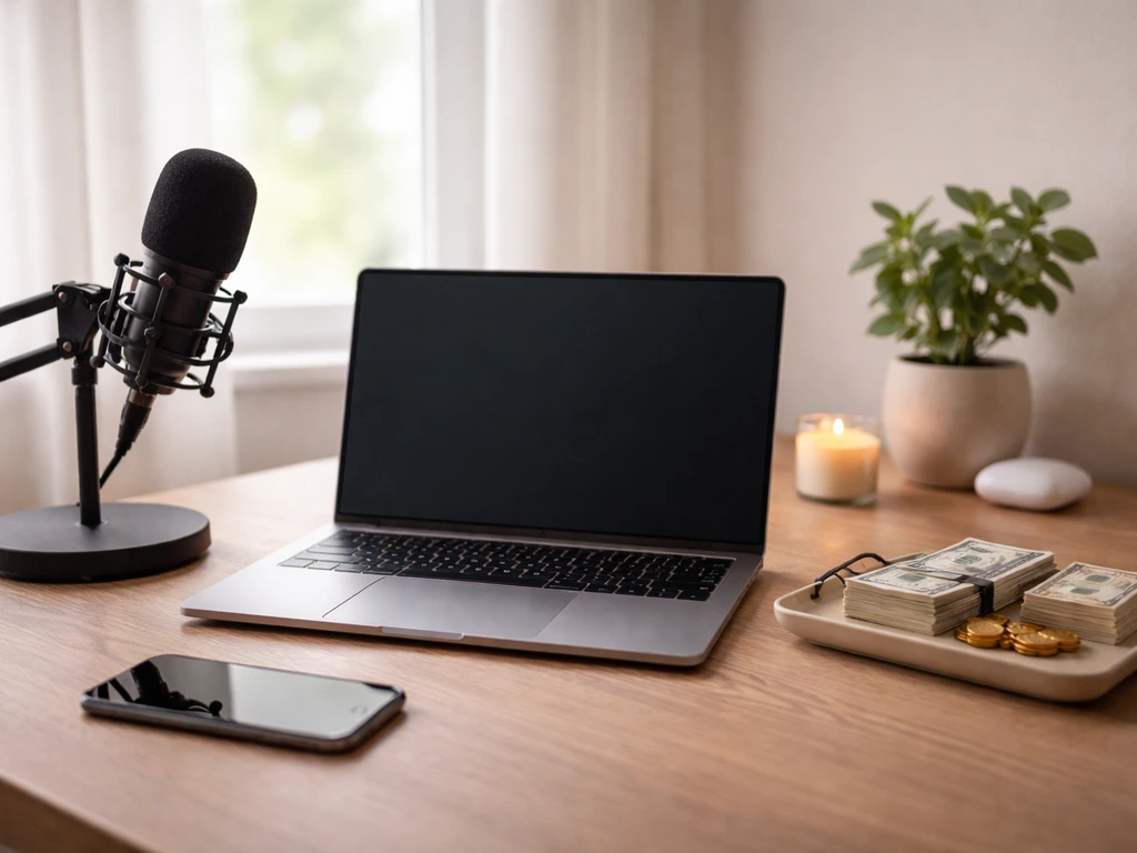 A creator-style desk with laptop, microphone, and cash-like props suggesting media and earnings