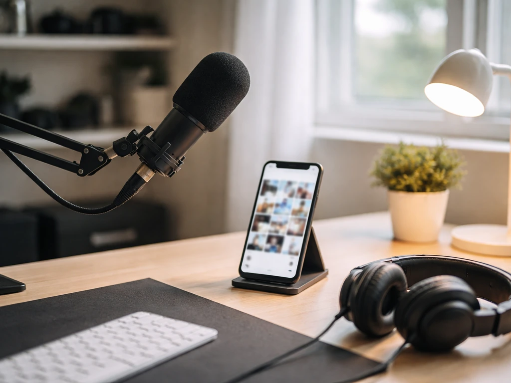 Minimal studio desk with microphone and phone, suggesting a digital creator’s online presence.