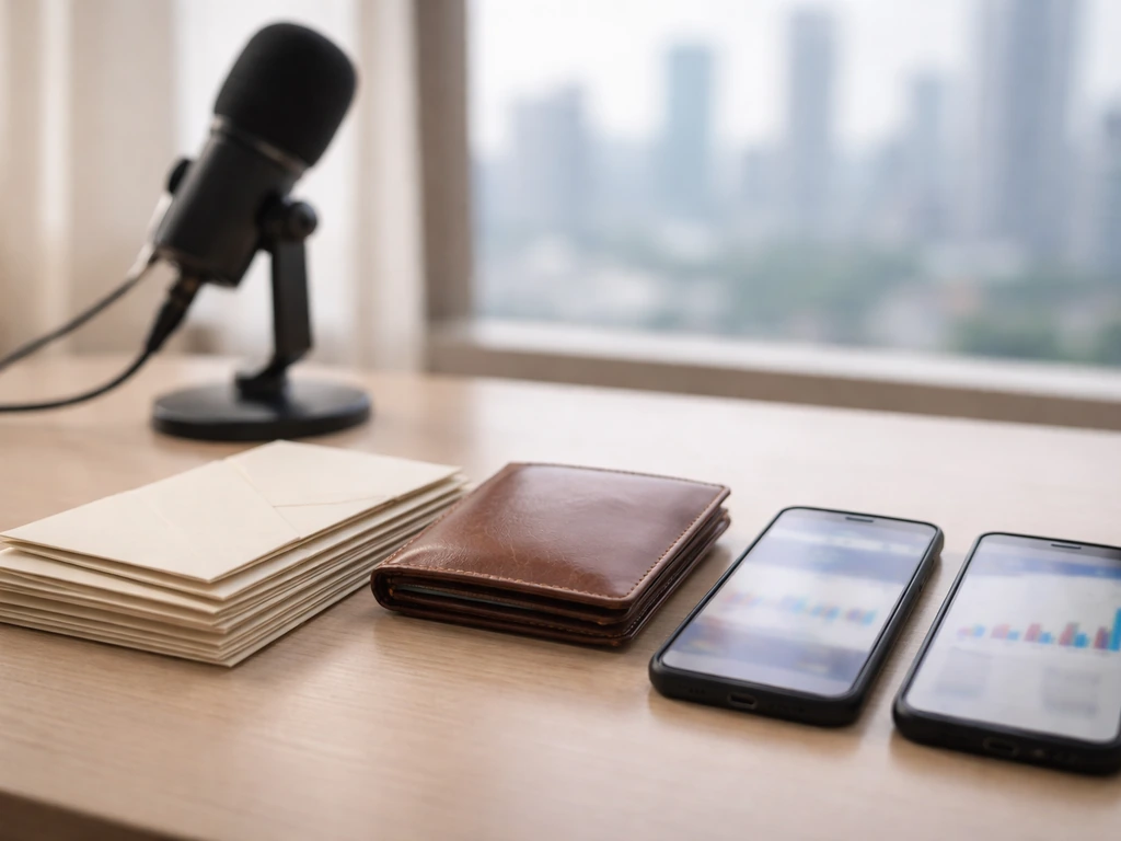 Money-themed desk scene with wallet, envelopes, blurred phones, and a microphone in natural light.