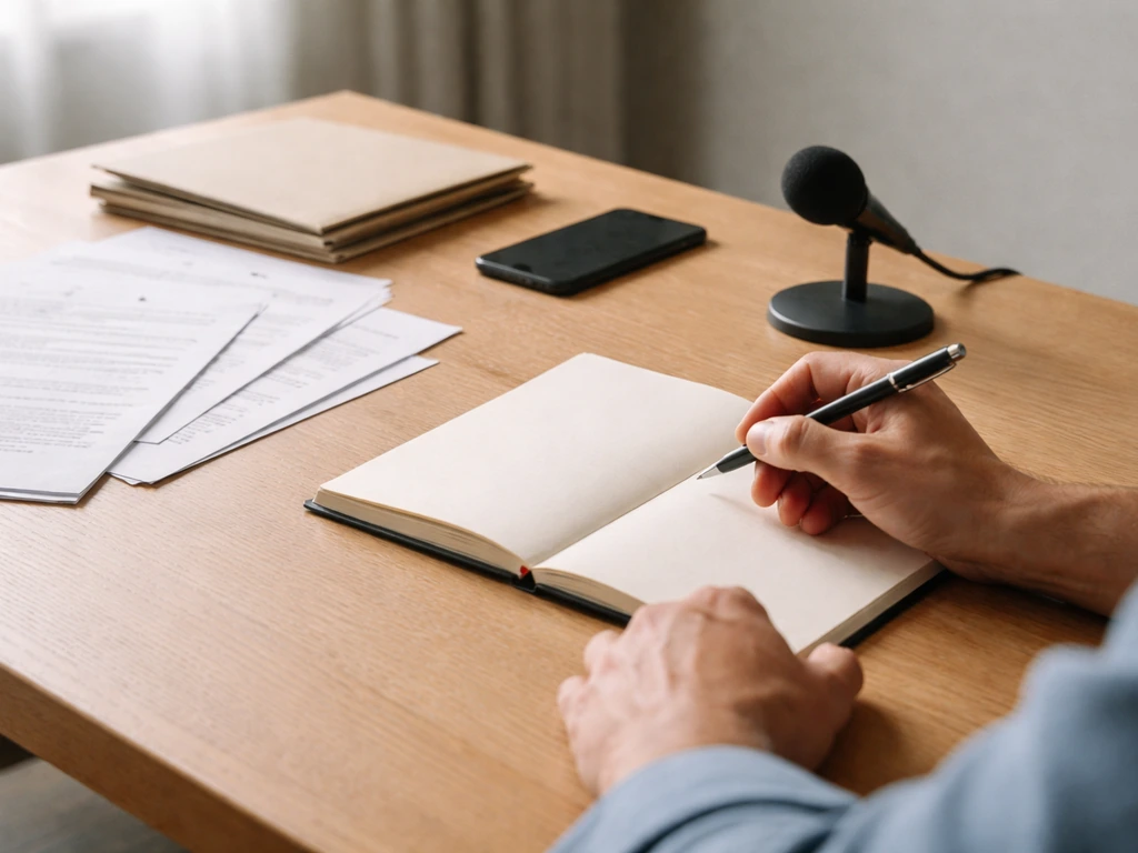 Minimal desk scene with notebook, pen, and scattered documents suggesting evaluating financial credibility