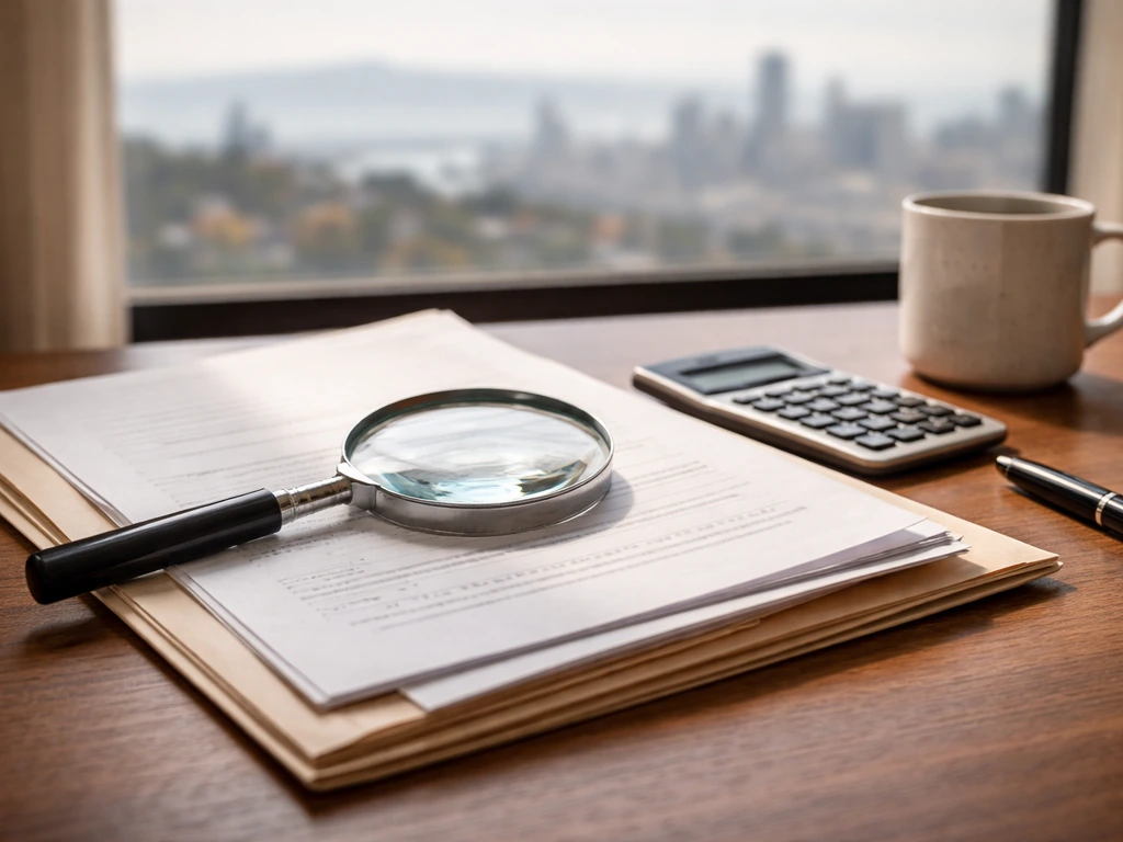 Magnifying glass over neatly arranged financial documents on a desk near a California city skyline view