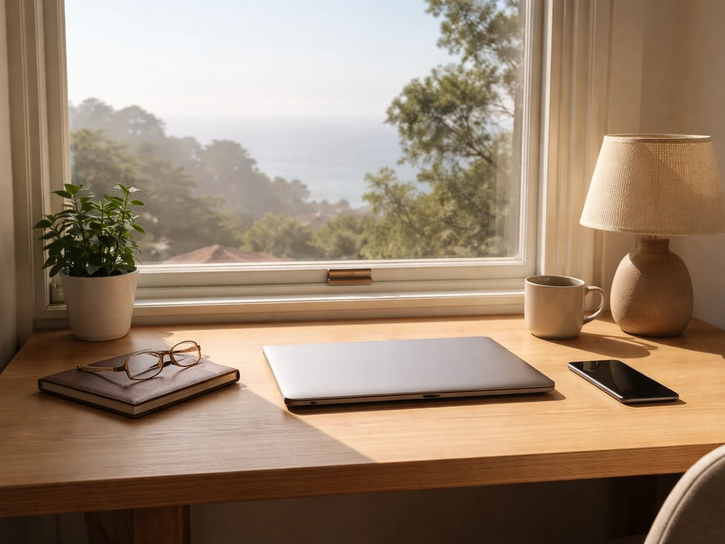 Sunlit coastal home office desk with laptop, notebook, and smartphone, suggesting Bay Area business background.