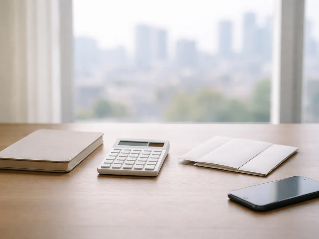 Minimal home-office desk with calculator and blank envelopes suggesting a net-worth range calculation.