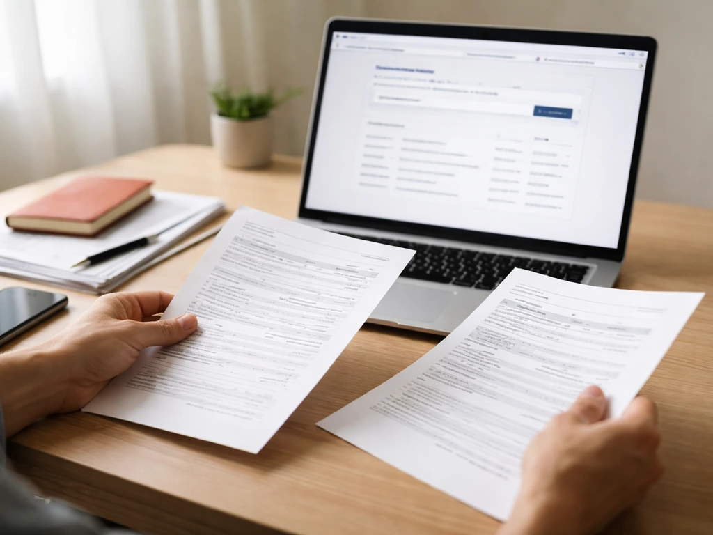 Person at desk comparing documents with a laptop showing a generic government business registry page, no readable text.