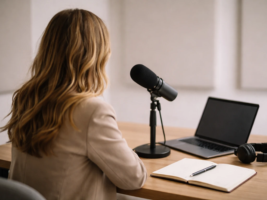 Close-up of an anonymous media professional at a podcast mic desk with a laptop in soft natural light