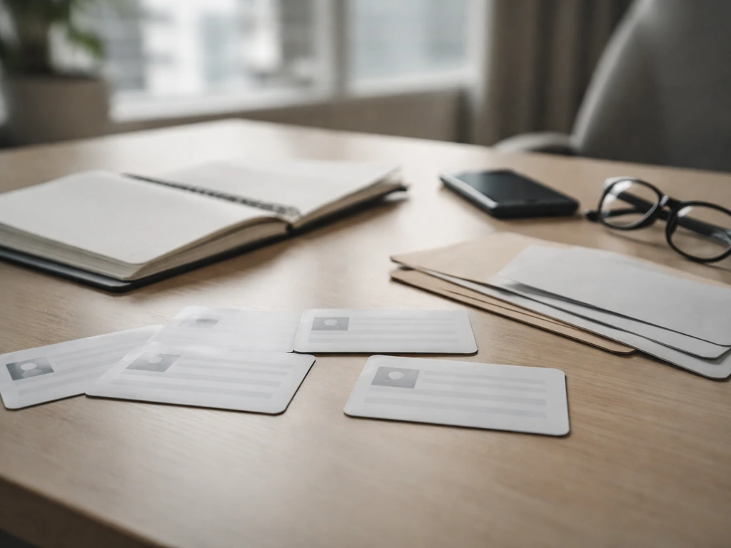 An anonymous office desk with blank cards and papers suggesting similar identities needing verification.