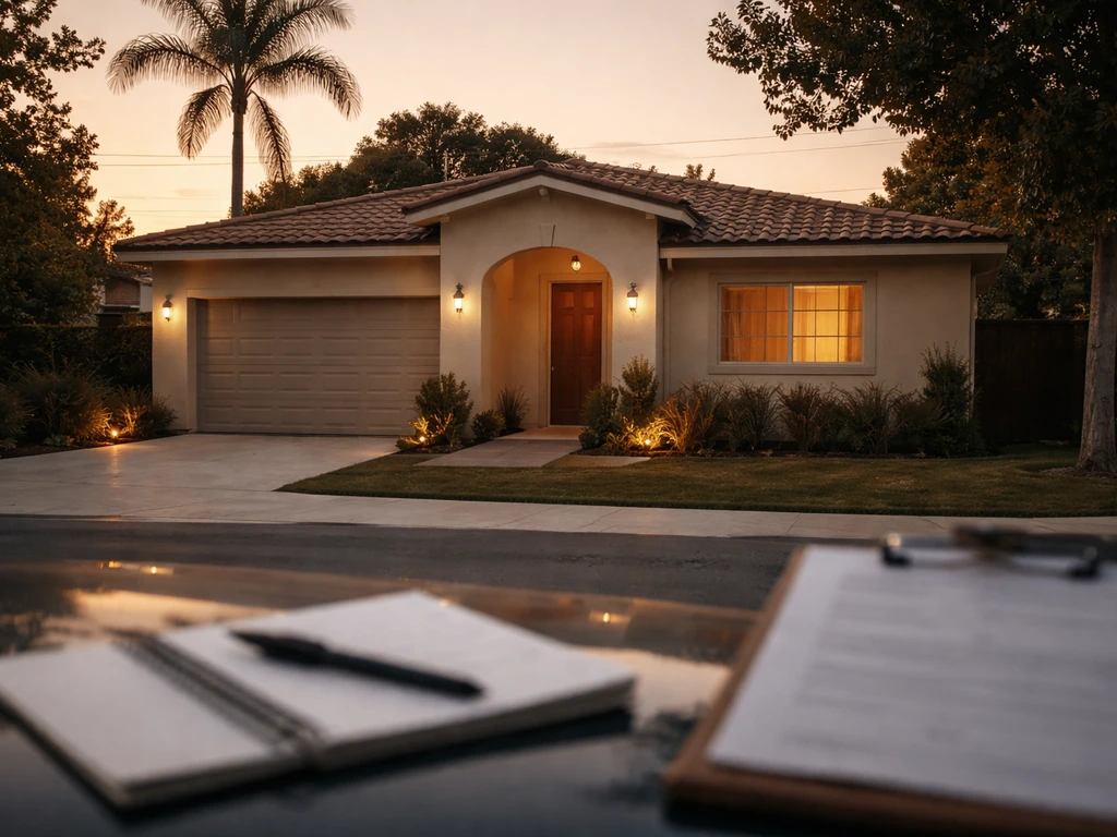 California-style house exterior with a subtle analysis vibe in the foreground, no people, no text.