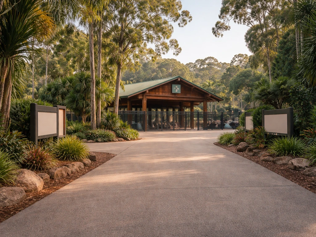 Australia Zoo entrance with surrounding enclosures and conservation facility buildings in Queensland.
