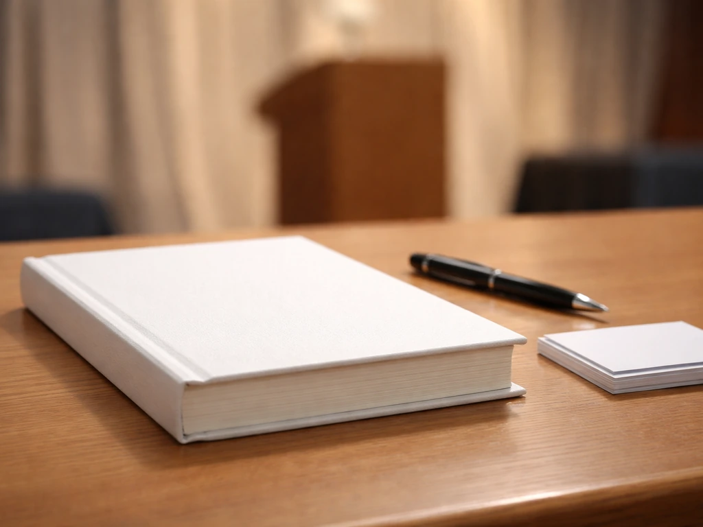 Close-up of a memoir book on a table at a quiet book-signing setup with an out-of-focus presentation backdrop