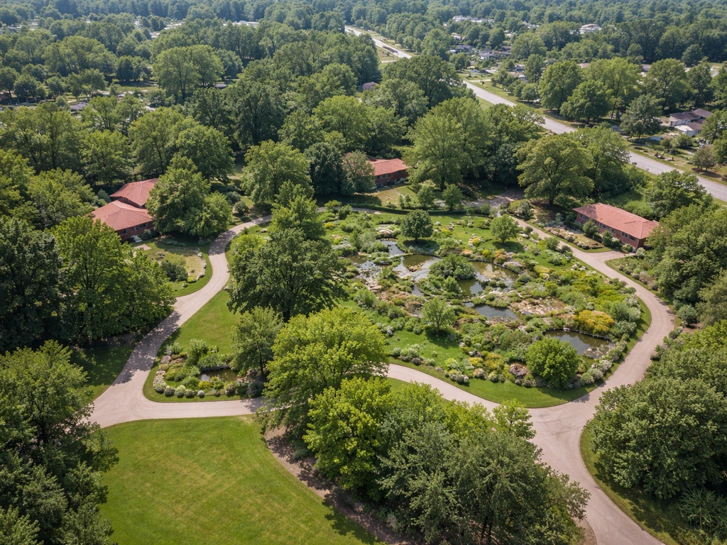 Aerial view of landscaped zoo grounds with paths, trees, and nearby residential properties