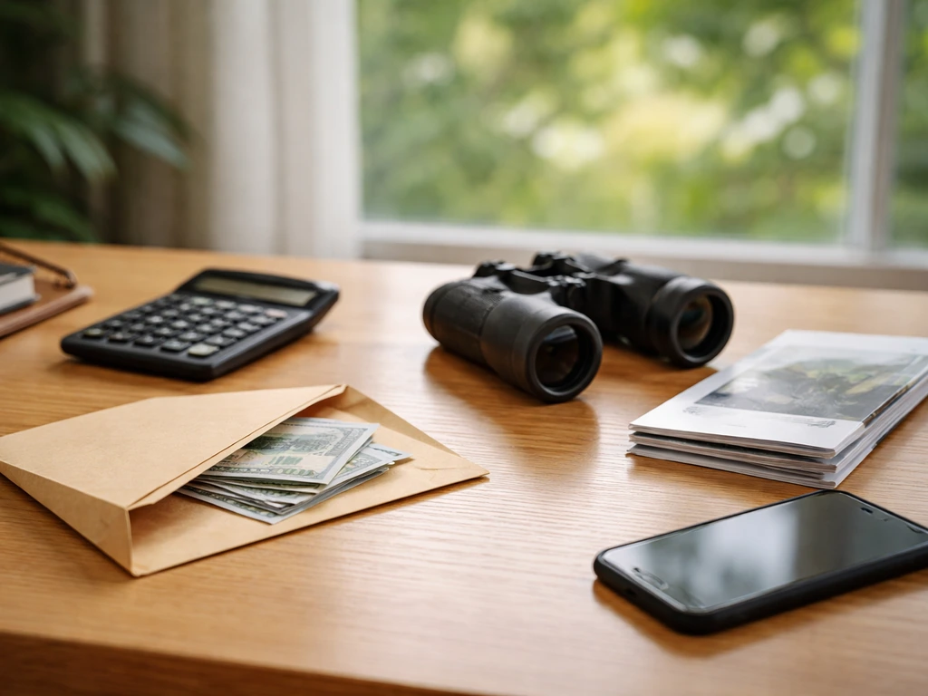 Minimal photo of a quiet wildlife conservation office desk with a calculator, money envelope, and binoculars