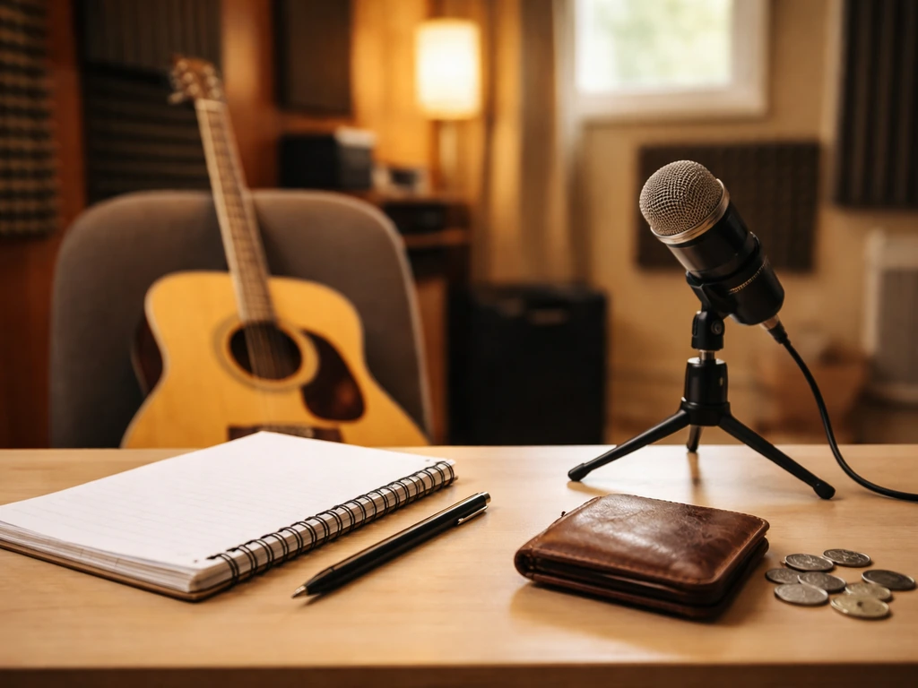 Country songwriting desk with acoustic guitar, studio mic, and wallet/coins symbolizing income and wealth.