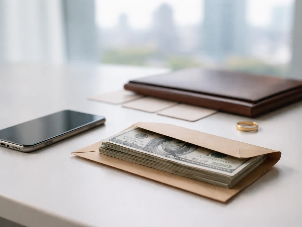 Minimal desk scene with a smartphone and cash envelope, symbolizing net worth estimates over time.