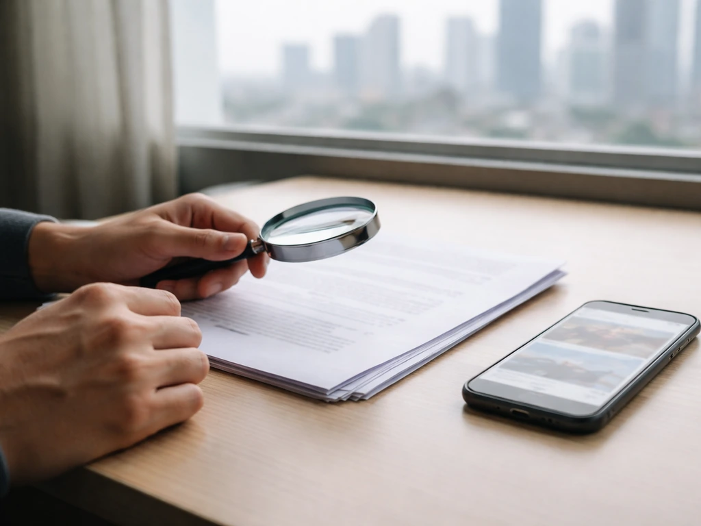 Person reviewing paperwork with a magnifying glass on a desk, suggesting verifying online estimates