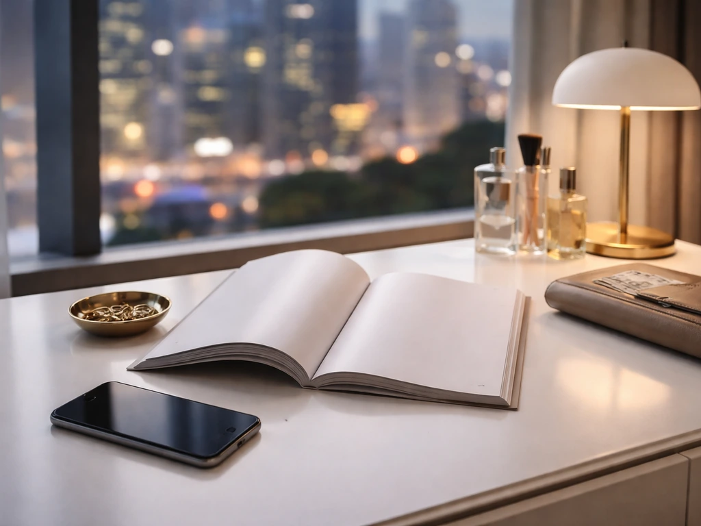 Minimal studio desk with fashion items, smartphone, and subtle wealth cues, skyline bokeh in the background.