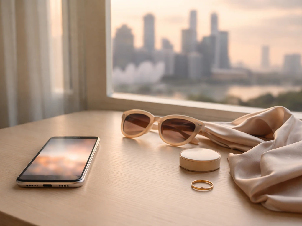 Minimal Singapore lifestyle scene with smartphone and a fashion-inspired setup suggesting social media presence