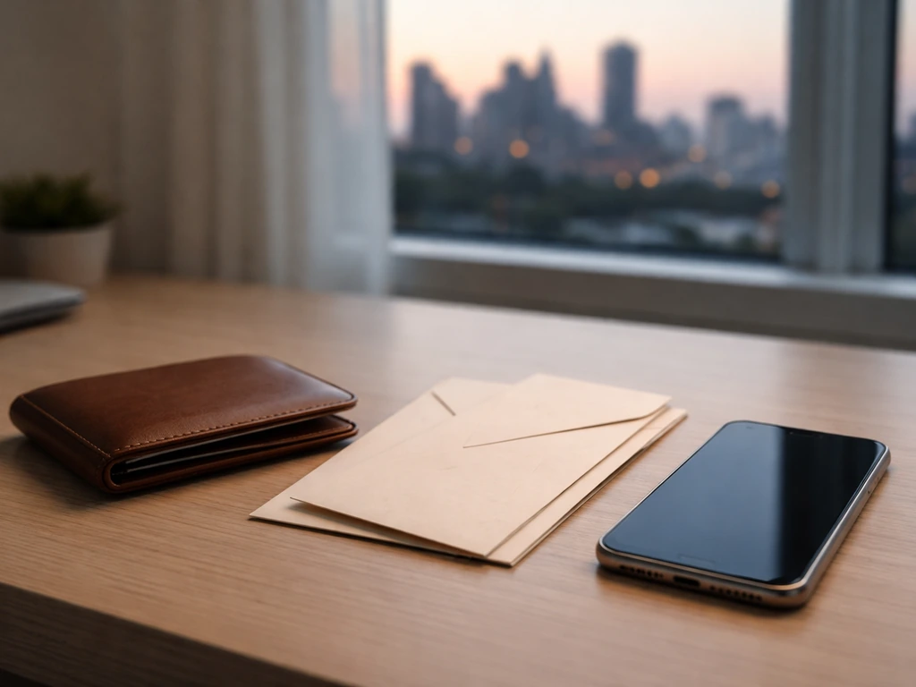 Minimal office desk scene with money envelopes and a smartphone, suggesting a net worth range analysis