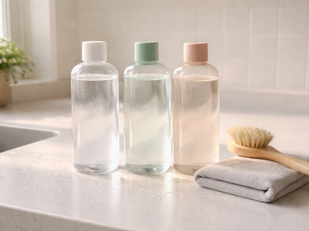 Minimal kitchen scene with assorted home-care bottles and a dish brush for a small business brand