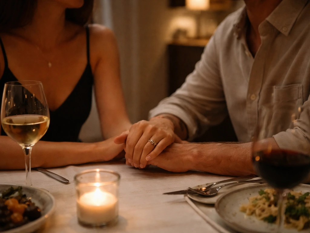 Anonymous couple in a quiet upscale restaurant, hinting at relationship context with warm natural light.