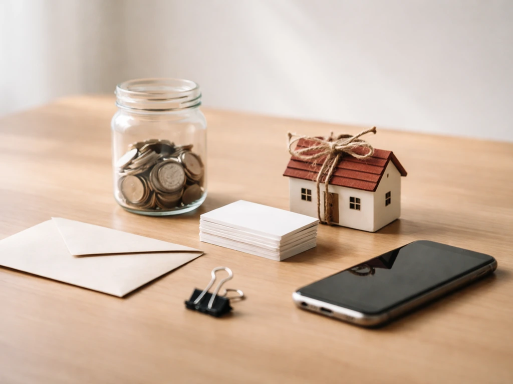 Minimal desk scene symbolizing net worth: assets items beside a phone, with a small envelope for debts.