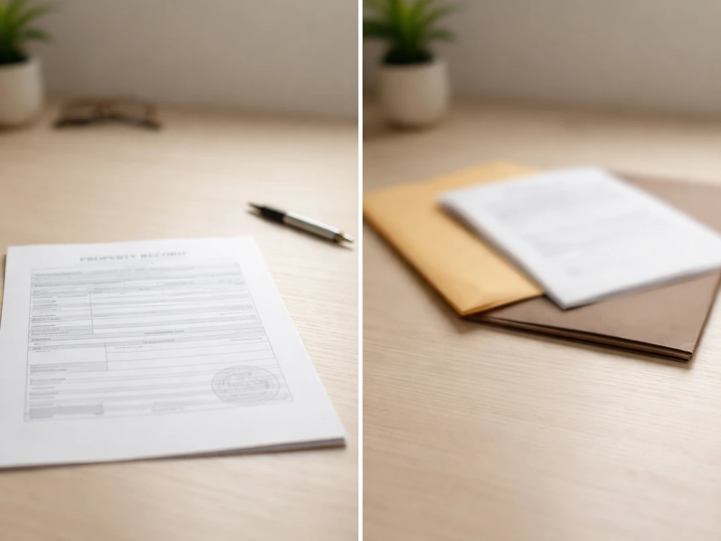 Minimal split view: one blurred private document side and one generic public property record page side on a desk.