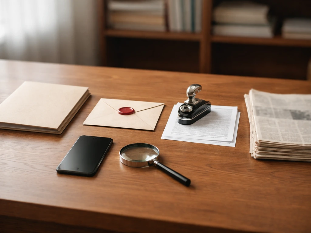 Minimal desk scene with blank records, envelope, seal stamp, newspapers, magnifying glass, and smartphone.