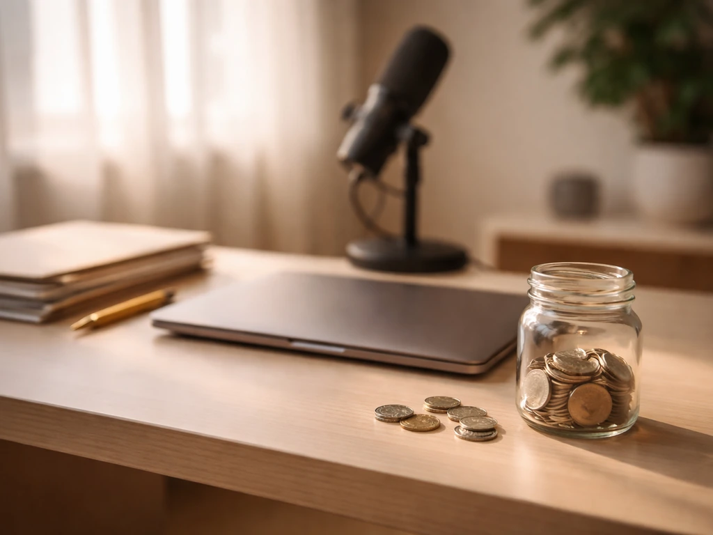 Minimal desk scene with coins, documents, laptop, and a microphone suggesting celebrity net-worth analysis