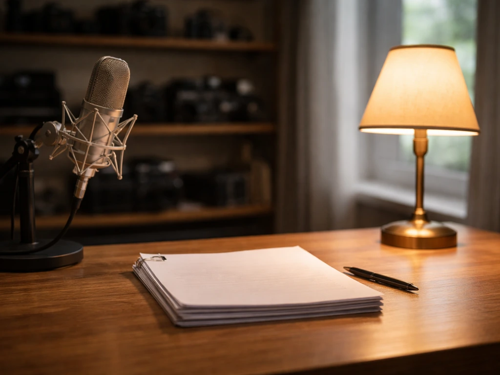 Empty film studio desk with microphone and script pages, symbolizing an actress and producer’s public career