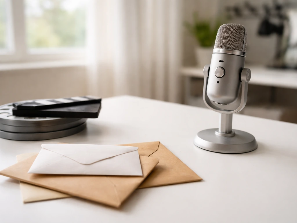 Minimal photo of a media producer’s desk with microphone and envelopes, symbolizing multiple income streams
