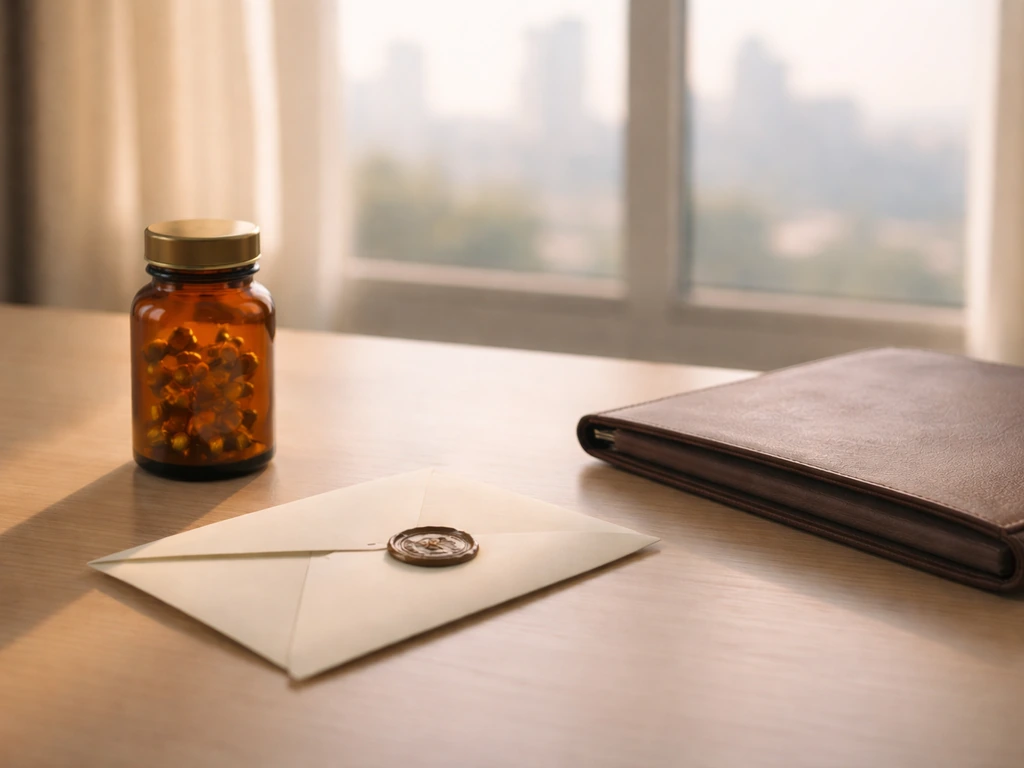Sunlit office desk with a small bottle of vitamins and a sealed envelope symbolizing a large inheritance