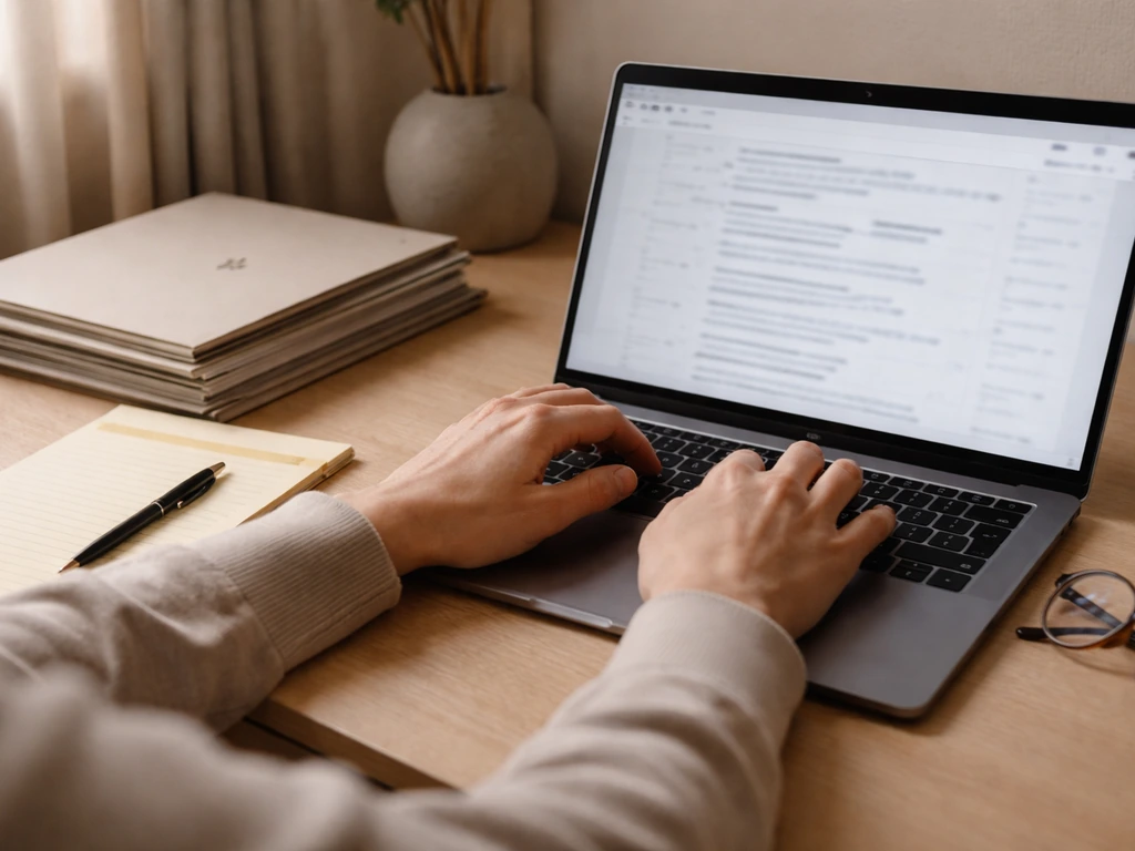 Hands researching on a laptop with blurred court docket pages in a quiet home office workspace.