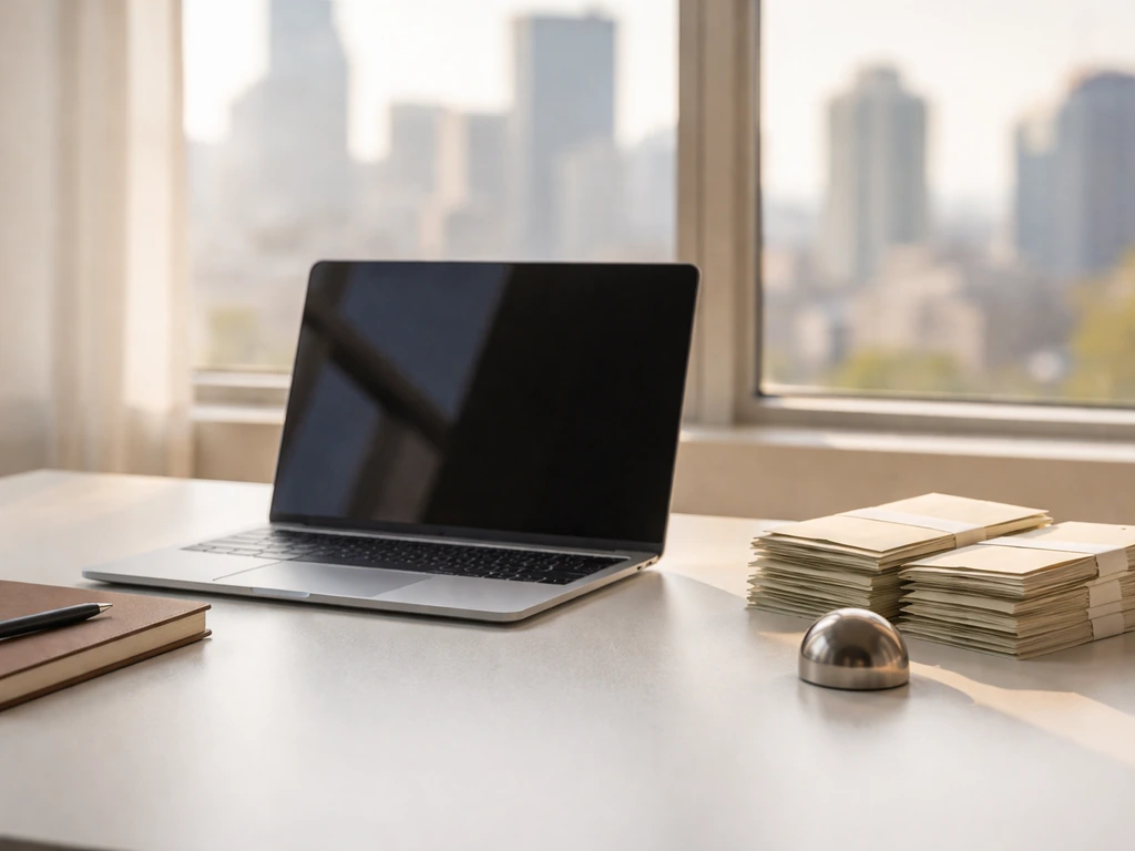 Anonymous desk with laptop and cash envelopes, city skyline window, suggesting evidence-based wealth range