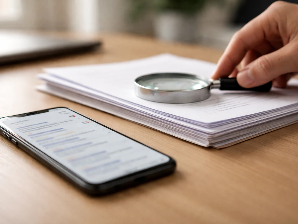 Close-up of a hand holding a phone over an office desk with scattered documents and a magnifying glass