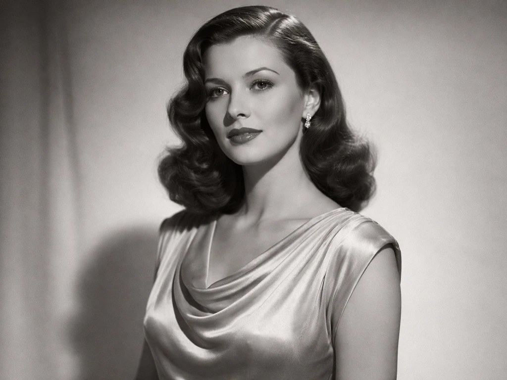 Period-accurate 1940s studio portrait of an anonymous actress in a simple satin dress against a gray backdrop.