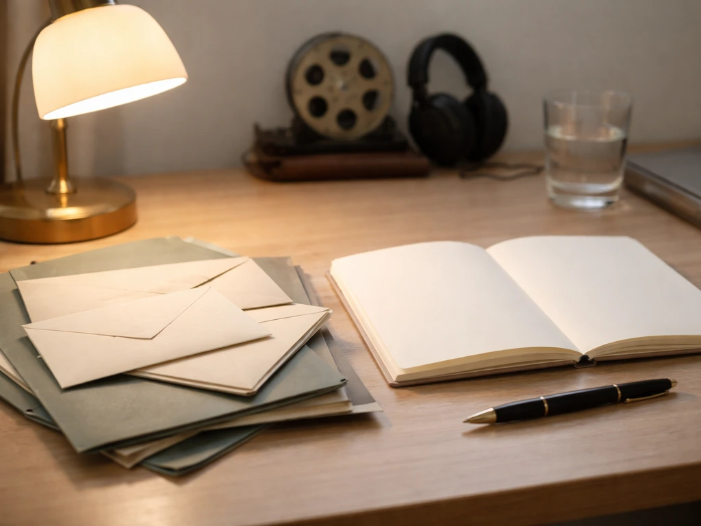 Minimal desk scene with a notebook and envelopes symbolizing income, assets, and unknowns.